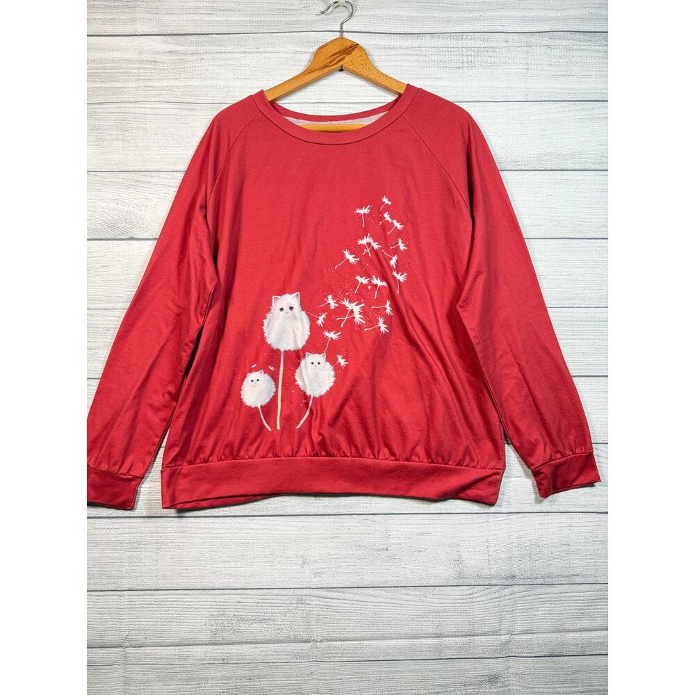Women’s 1XL Burgundy Red Cat Dandelion Graphic Crewneck Sweatshirt 4314